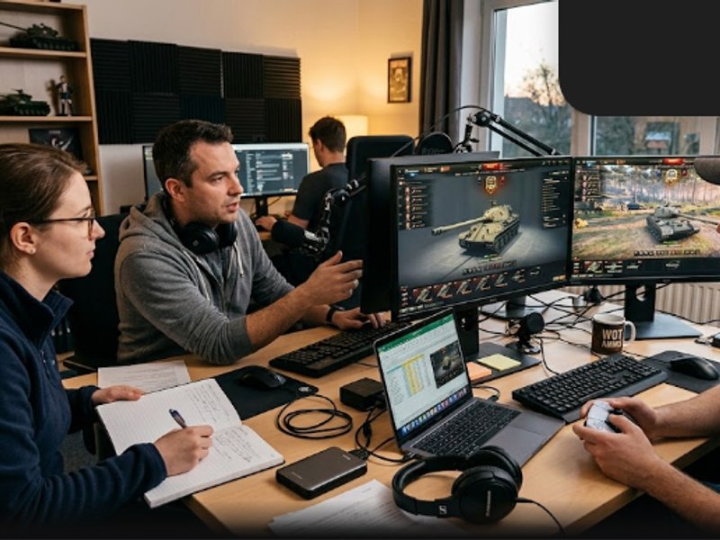 Команда PlaneWar обсуждает обзоры премиум танков World of Tanks в современном светлом офисе